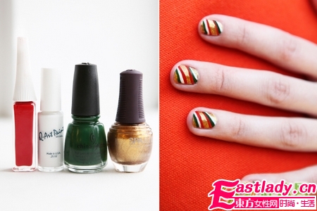 DIY紅綠金三色圣誕條紋美甲