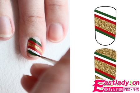 DIY紅綠金三色圣誕條紋美甲