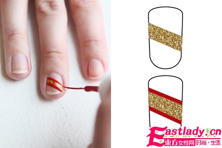 DIY紅綠金三色圣誕條紋美甲
