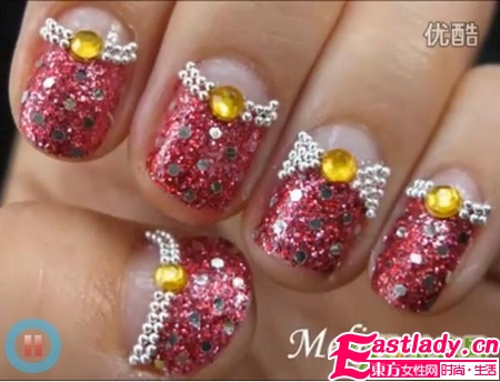 新年紅色亮片彩鉆美甲
