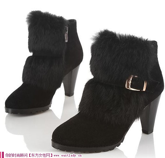 兔毛皮帶粗跟小短靴 擋不住的誘惑