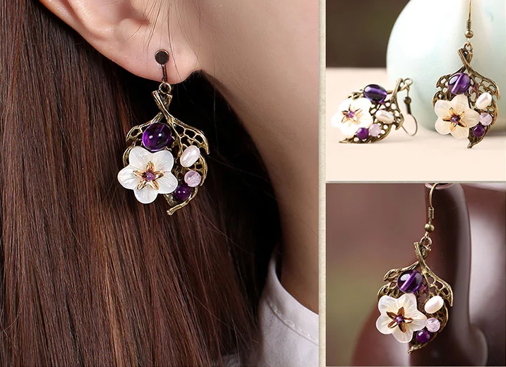 民族風復(fù)古樹葉貝殼花耳墜耳環(huán)