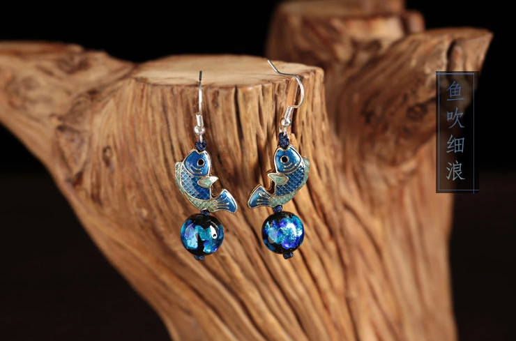 藍色景泰藍魚兒耳環(huán)琉璃時尚氣質(zhì)耳墜首飾
