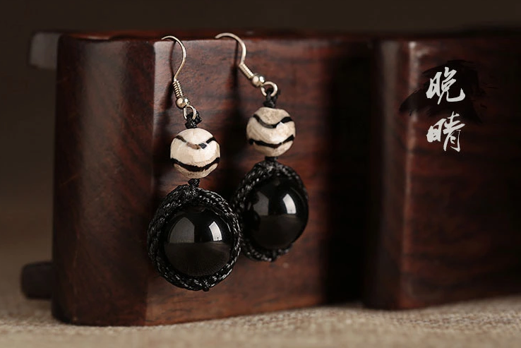 黑瑪瑙天珠耳墜西藏復古風耳環(huán)首飾