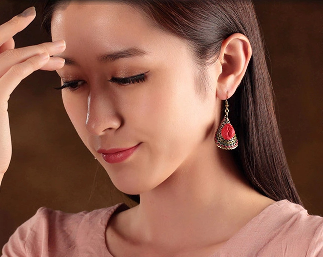 復古耳墜朱砂紅魚古典耳環(huán)首飾