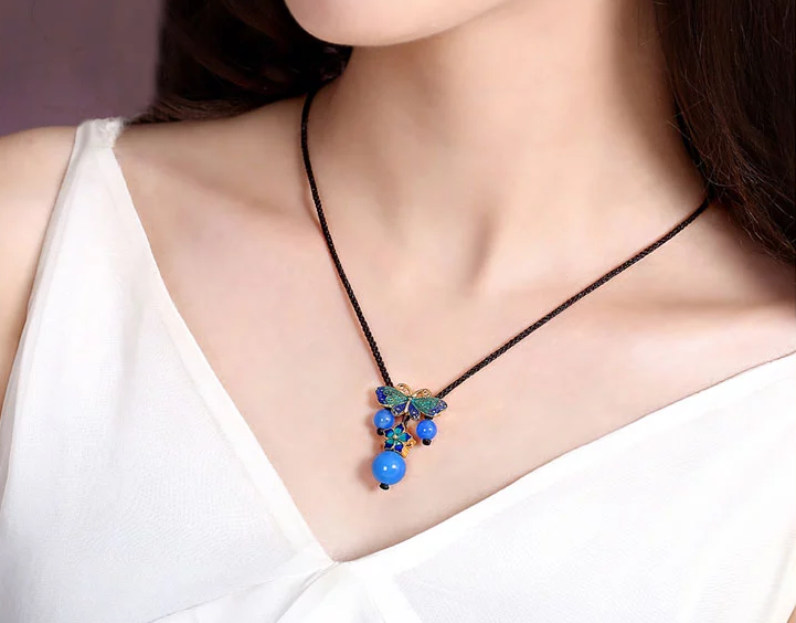蝴蝶景泰藍項鏈藍色鎖骨鏈民族風首飾