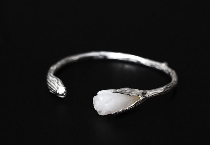 匠心啟航閱讀復古風白玉蘭花開口手鐲