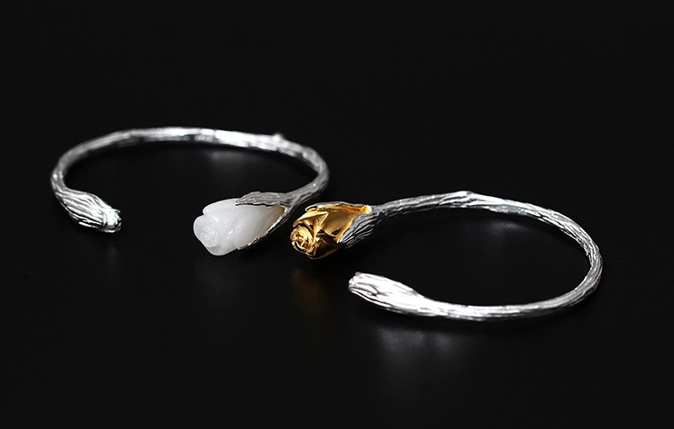 匠心啟航閱讀復古風白玉蘭花開口手鐲