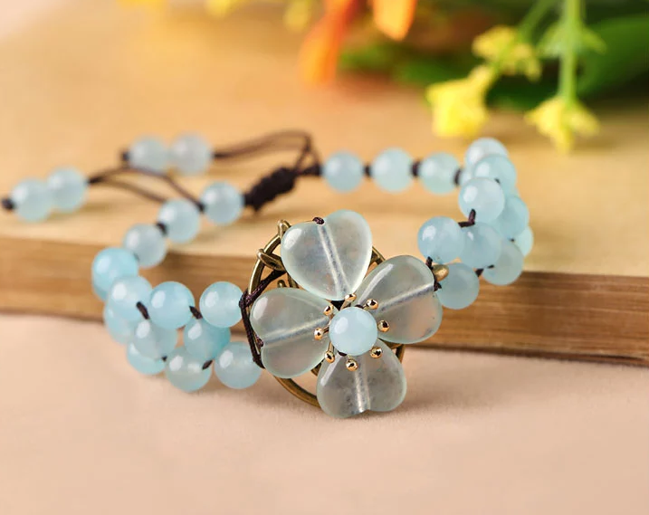 復(fù)古藍色彩玉手串四葉草手鏈