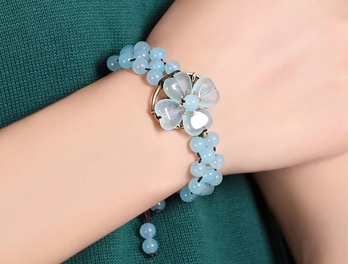 復(fù)古藍色彩玉手串四葉草手鏈