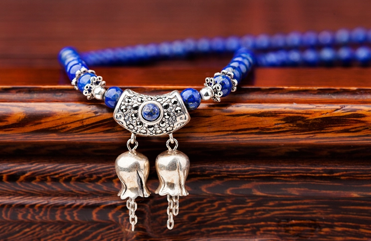 簡約銀鈴鐺吊墜多圈民族風青金石手串