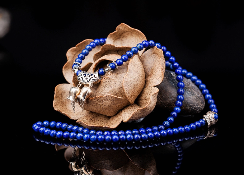 簡約銀鈴鐺吊墜多圈民族風青金石手串