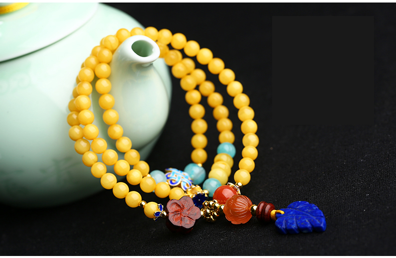 天然滿(mǎn)蜜青金石葉子吊墜蜜蠟手串