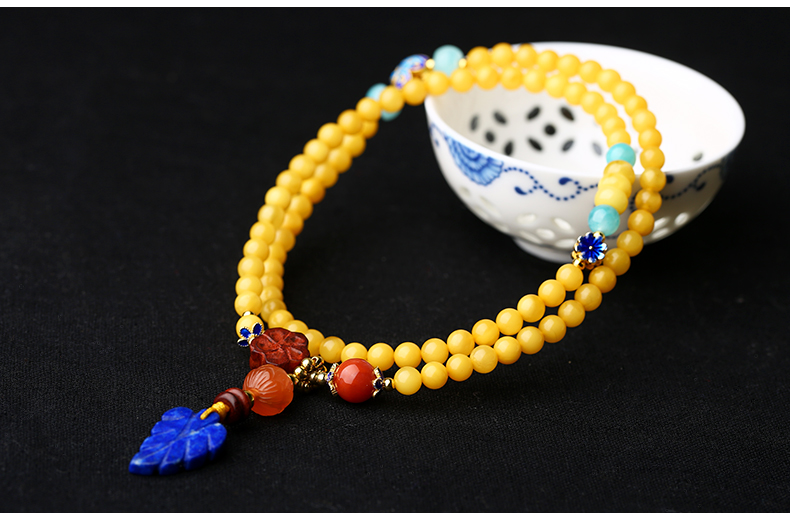 天然滿(mǎn)蜜青金石葉子吊墜蜜蠟手串