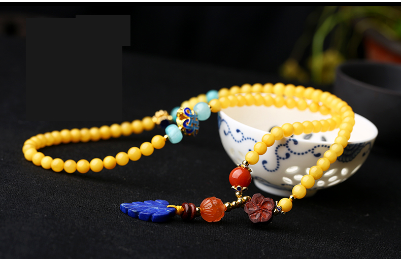 天然滿(mǎn)蜜青金石葉子吊墜蜜蠟手串