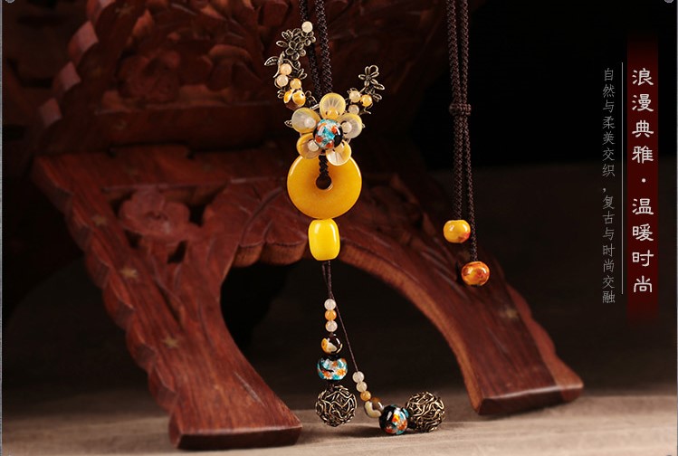 亮黃色平安扣復古毛衣鏈項鏈