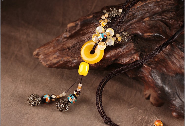 亮黃色平安扣復古毛衣鏈項鏈