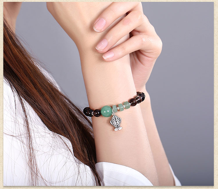 茶水晶手鏈:簡約個性純銀魚吊墜手串首飾