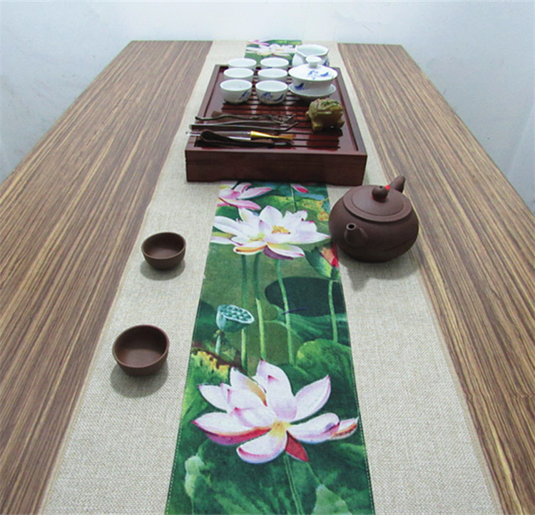匠心啟航閱讀復(fù)古棉麻布藝禪意荷花桌旗茶巾