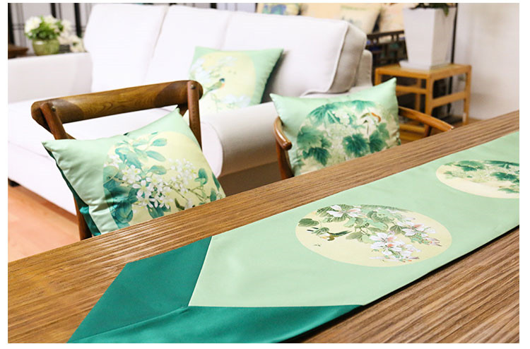 現代中式花鳥桌旗明清古典匠心啟航閱讀緞面印花布藝