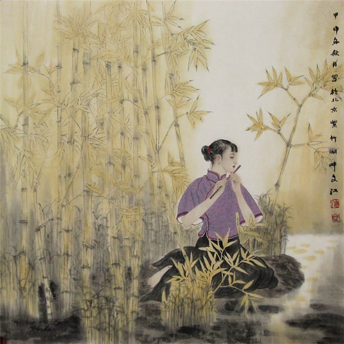 中國(guó)演奏傳統(tǒng)樂(lè)器笛子與簫的國(guó)畫(huà)作品