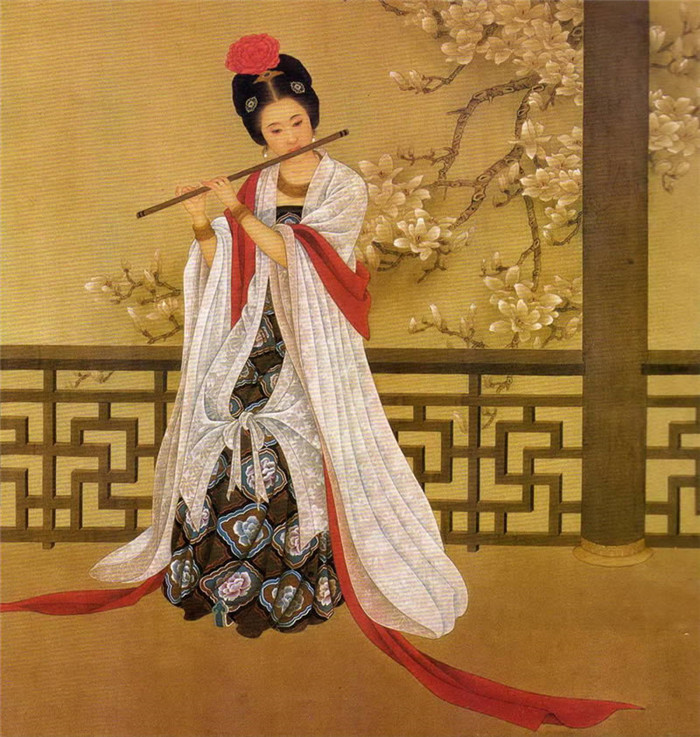 中國(guó)演奏傳統(tǒng)樂(lè)器笛子與簫的國(guó)畫(huà)作品