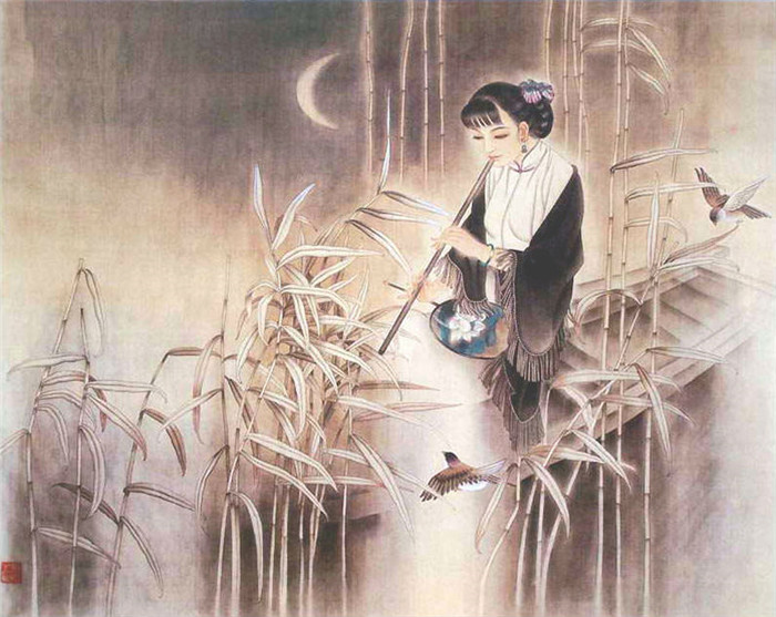 中國(guó)演奏傳統(tǒng)樂(lè)器笛子與簫的國(guó)畫(huà)作品