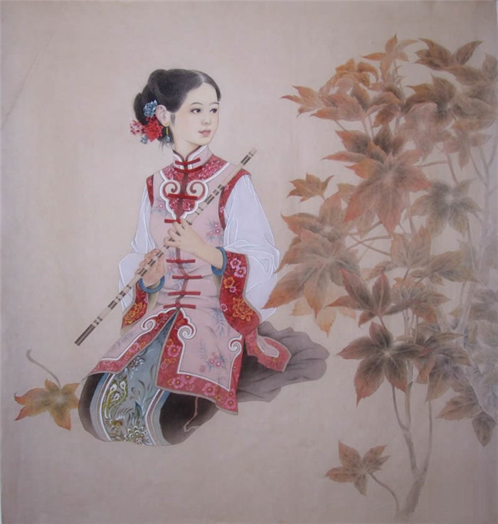 中國(guó)演奏傳統(tǒng)樂(lè)器笛子與簫的國(guó)畫(huà)作品