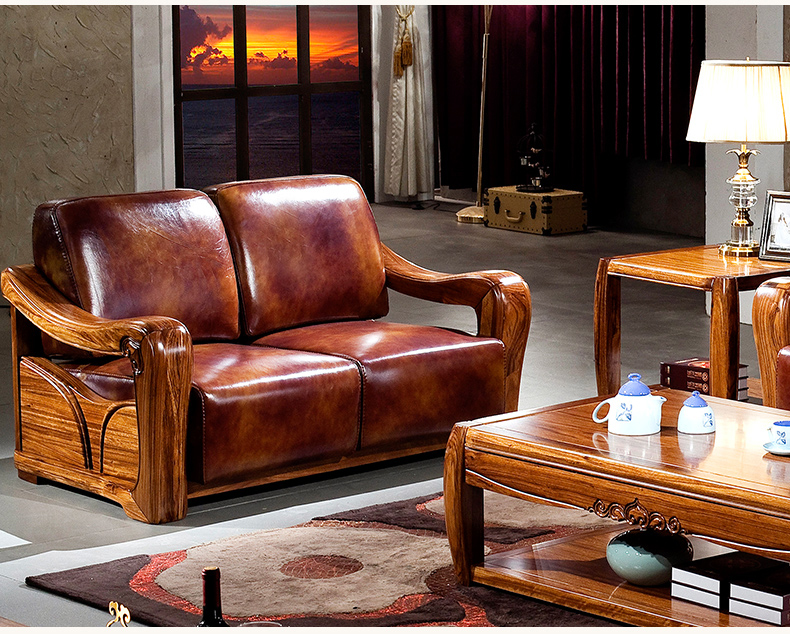 中式全實木烏金木真皮沙發(fā)客廳組合