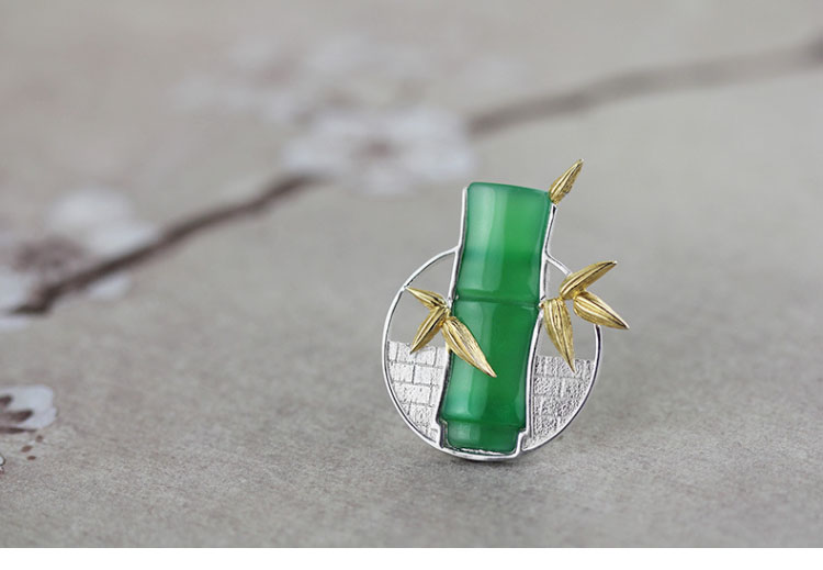 匠心啟航閱讀古典鑲玉髓竹子純銀胸針