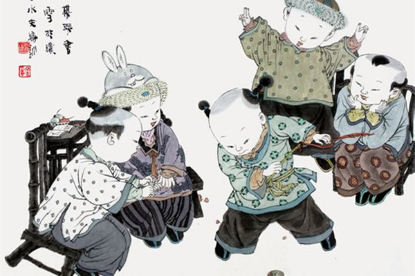 著名中國(guó)畫家王家訓(xùn)的筒子嬉戲圖