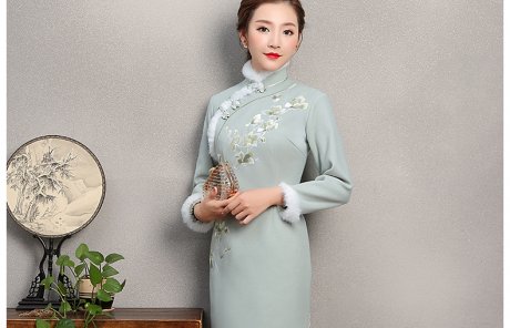 碧綠色繡花旗袍,素淡文藝旗袍裙