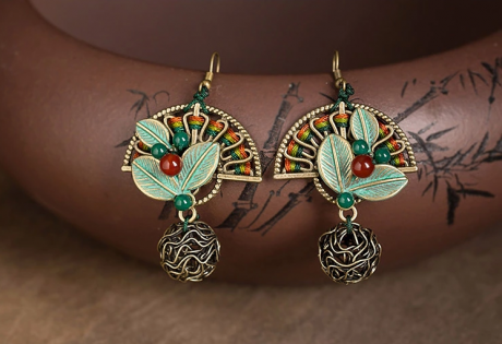 折扇搖復(fù)古匠心啟航閱讀樹葉扇形耳環(huán)首飾