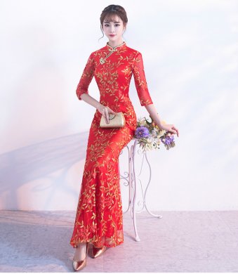 金絲葉子繡花旗袍,復(fù)古紅色旗袍裙